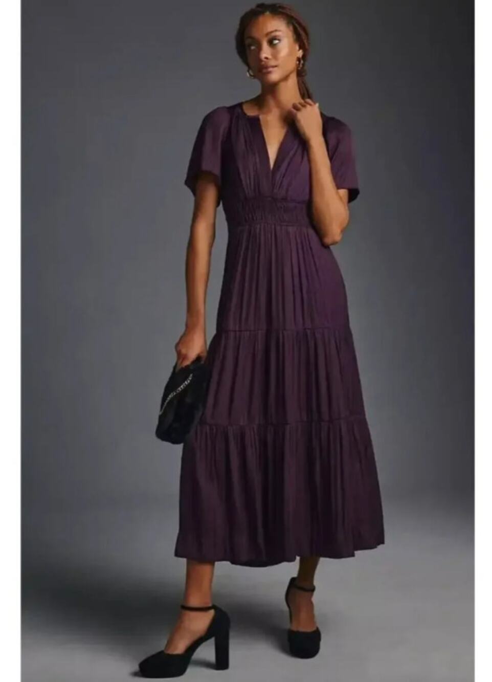 ANTHROPOLOGIE Somerset Maxi Dress Lumensilk Satin Dark Purple Sz XLP $170 {3M39}